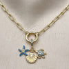 Oro Laminado Fancy Necklace, Gold Filled Style Shell and Star Design, with White Cubic Zirconia and Turquoise Micro Pave, Turquoise Enamel Finish, Golden Finish, 04.341.0244.20