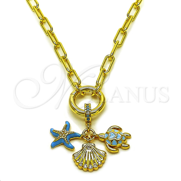 Oro Laminado Fancy Necklace, Gold Filled Style Shell and Star Design, with White Cubic Zirconia and Turquoise Micro Pave, Turquoise Enamel Finish, Golden Finish, 04.341.0244.20