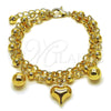 Oro Laminado Charm Bracelet, Gold Filled Style Heart and Ball Design, Polished, Golden Finish, 03.331.0330.07