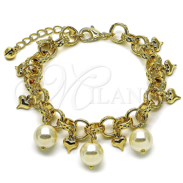 Oro Laminado Charm Bracelet, Gold Filled Style Rolo and Ball Design, with Ivory Pearl, Polished, Golden Finish, 03.331.0331.08
