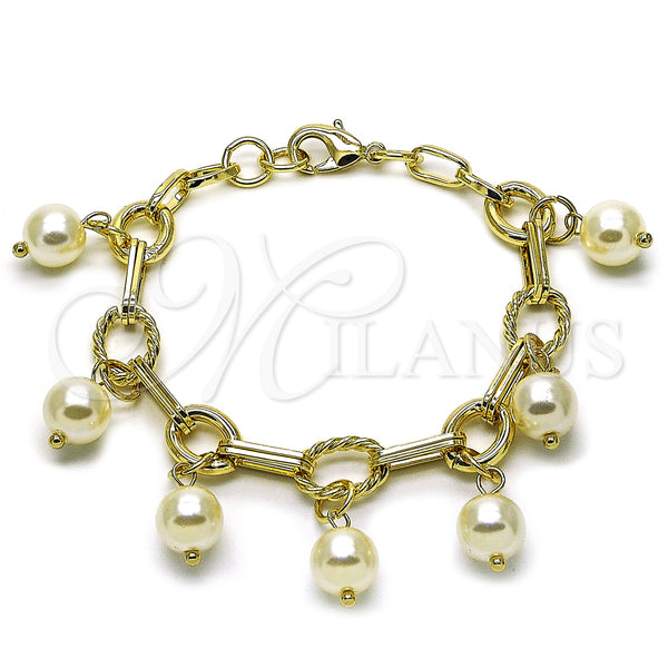Oro Laminado Charm Bracelet, Gold Filled Style Ball and Twist Design, with Ivory Pearl, Polished, Golden Finish, 03.331.0332.07 (Thickness, 8 Inches Length)