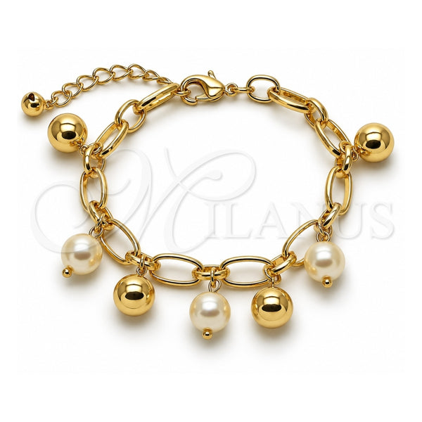 Oro Laminado Charm Bracelet, Gold Filled Style Ball Design, with Ivory Pearl, Polished, Golden Finish, 03.331.0333.07 (Thickness, 8 Inches Length)