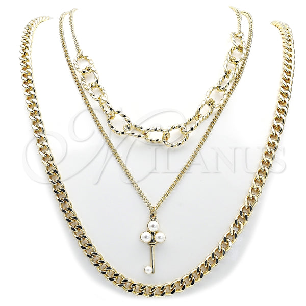 Stainless Steel Fancy Necklace, Miami Cuban and key Design, with Ivory Pearl, Polished, Steel Finish, 04.437.0002.16