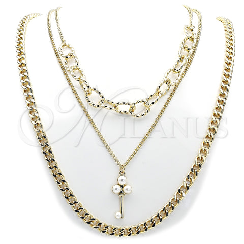Stainless Steel Fancy Necklace, Miami Cuban and key Design, with Ivory Pearl, Polished, Steel Finish, 04.437.0002.16