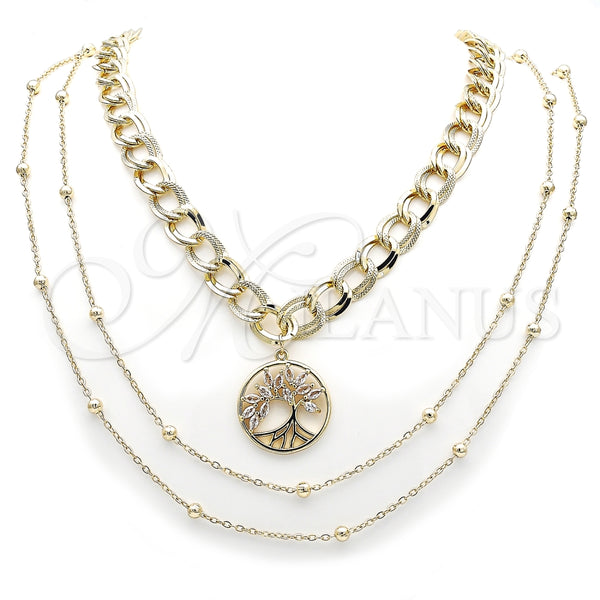 Stainless Steel Fancy Necklace, Rolo and Tree Design, with White Cubic Zirconia, Polished, Golden Finish, 04.437.0004.16