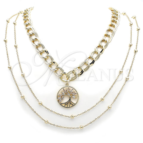 Stainless Steel Fancy Necklace, Rolo and Tree Design, with Multicolor Micro Pave, Polished, Golden Finish, 04.437.0004.16 (09 MM Thickness, 16 Inches Length)