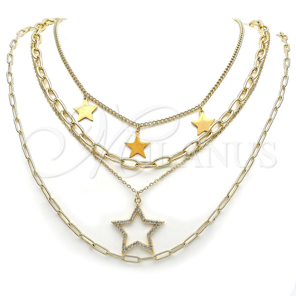 Stainless Steel Fancy Necklace, Star and Paperclip Design, with White Micro Pave, Polished, Golden Finish, 04.437.0006.16