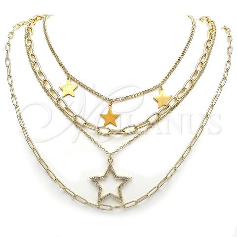 Stainless Steel Fancy Necklace, Star and Paperclip Design, with White Micro Pave, Polished, Golden Finish, 04.437.0006.16