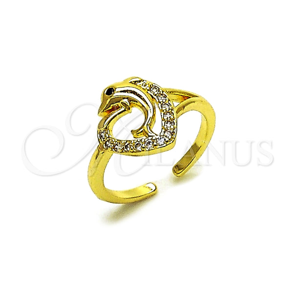 Oro Laminado Multi Stone Ring, Gold Filled Style Dolphin and Heart Design, with White Cubic Zirconia, Polished, Golden Finish, 01.310.0044