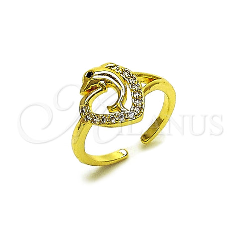 Oro Laminado Multi Stone Ring, Gold Filled Style Dolphin and Heart Design, with White Cubic Zirconia, Polished, Golden Finish, 01.310.0044