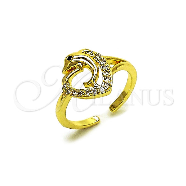 Oro Laminado Multi Stone Ring, Gold Filled Style Dolphin and Heart Design, with White Cubic Zirconia, Polished, Golden Finish, 01.310.0044 (One size fits all)