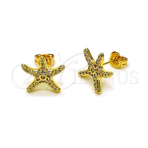 Oro Laminado Stud Earring, Gold Filled Style Star Design, with White Micro Pave and White Cubic Zirconia, Polished, Golden Finish, 02.310.0110