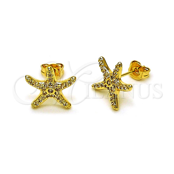 Oro Laminado Stud Earring, Gold Filled Style Star Design, with White Micro Pave and White Cubic Zirconia, Polished, Golden Finish, 02.310.0110