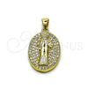 Oro Laminado Religious Pendant, Gold Filled Style San Benito Design, with White Cubic Zirconia, Polished, Golden Finish, 05.156.0207