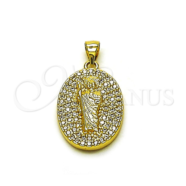 Oro Laminado Religious Pendant, Gold Filled Style San Judas Design, with White Cubic Zirconia, Polished, Golden Finish, 05.156.0208