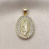Oro Laminado Religious Pendant, Gold Filled Style Guadalupe Design, with White Cubic Zirconia, Polished, Golden Finish, 05.156.0209