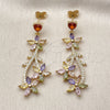 Oro Laminado Long Earring, Gold Filled Style Flower and Heart Design, with Multicolor Cubic Zirconia and White Micro Pave, Polished, Golden Finish, 02.282.0071