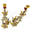 Oro Laminado Long Earring, Gold Filled Style Flower and Heart Design, with Multicolor Cubic Zirconia and White Micro Pave, Polished, Golden Finish, 02.282.0071