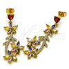 Oro Laminado Long Earring, Gold Filled Style Flower and Heart Design, with Multicolor Cubic Zirconia and White Micro Pave, Polished, Golden Finish, 02.282.0071