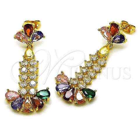 Oro Laminado Long Earring, Gold Filled Style Teardrop Design, with Multicolor and White Cubic Zirconia, Polished, Golden Finish, 02.282.0072