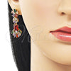 Oro Laminado Long Earring, Gold Filled Style Flower and Baguette Design, with Multicolor Cubic Zirconia and White Micro Pave, Polished, Golden Finish, 02.282.0073