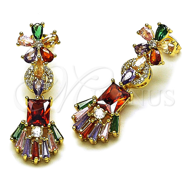 Oro Laminado Long Earring, Gold Filled Style Flower and Baguette Design, with Multicolor Cubic Zirconia and White Micro Pave, Polished, Golden Finish, 02.282.0073