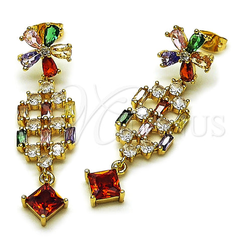 Oro Laminado Long Earring, Gold Filled Style Flower Design, with Multicolor Cubic Zirconia, Polished, Golden Finish, 02.282.0074