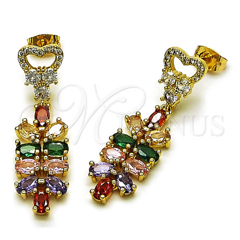 Oro Laminado Long Earring, Gold Filled Style Heart Design, with Multicolor and White Cubic Zirconia, Polished, Golden Finish, 02.282.0075