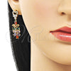 Oro Laminado Long Earring, Gold Filled Style Heart Design, with Multicolor and White Cubic Zirconia, Polished, Golden Finish, 02.282.0075