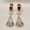 Oro Laminado Long Earring, Gold Filled Style Teardrop and Baguette Design, with Multicolor Cubic Zirconia and White Micro Pave, Polished, Golden Finish, 02.282.0076