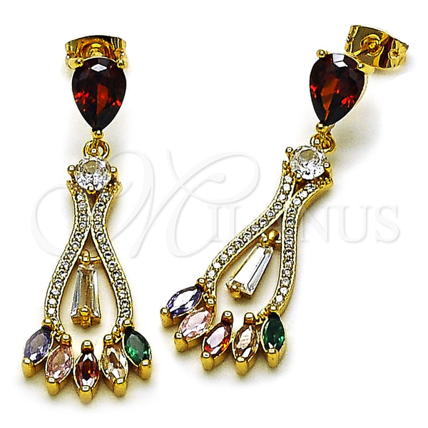 Oro Laminado Long Earring, Gold Filled Style Teardrop and Baguette Design, with Multicolor Cubic Zirconia and White Micro Pave, Polished, Golden Finish, 02.282.0076