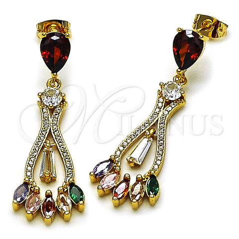 Oro Laminado Long Earring, Gold Filled Style Teardrop and Baguette Design, with Multicolor Cubic Zirconia and White Micro Pave, Polished, Golden Finish, 02.282.0076