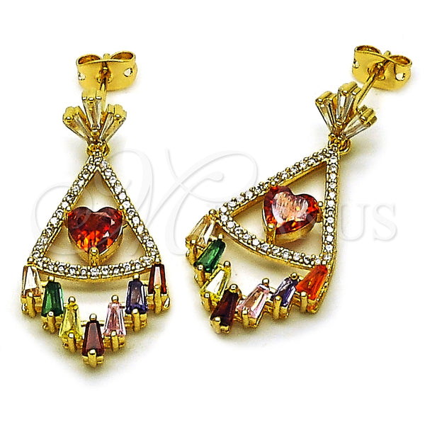 Oro Laminado Long Earring, Gold Filled Style Heart Design, with Multicolor Cubic Zirconia and White Micro Pave, Polished, Golden Finish, 02.282.0078