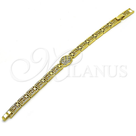 Oro Laminado Solid Bracelet, Gold Filled Style Greek Key Design, with White Cubic Zirconia, Polished, Golden Finish, 03.213.0375.07