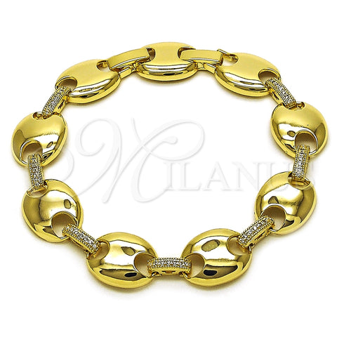 Oro Laminado Fancy Bracelet, Gold Filled Style Puff Mariner Design, with White Cubic Zirconia, Polished, Golden Finish, 03.213.0383.08