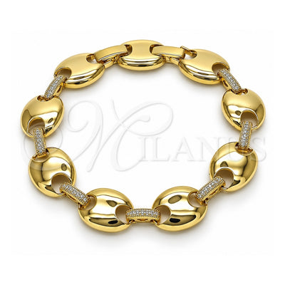 Oro Laminado Fancy Bracelet, Gold Filled Style Puff Mariner and Box Lock Design, with White Cubic Zirconia, Polished, Golden Finish, 03.213.0383.08 (13 MM Thickness, 8 Inches Length)
