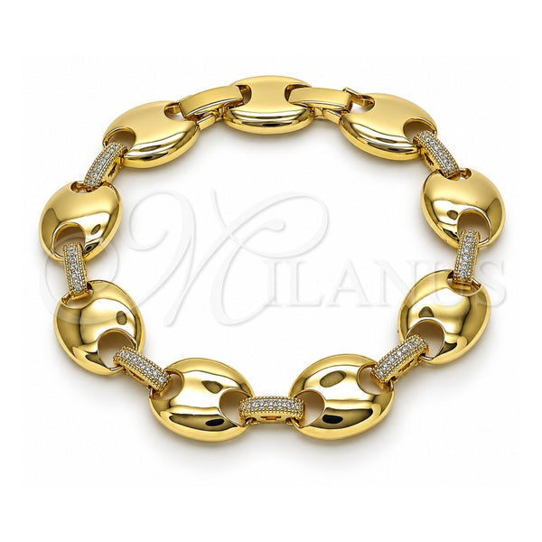 Oro Laminado Fancy Bracelet, Gold Filled Style Puff Mariner and Box Lock Design, with White Cubic Zirconia, Polished, Golden Finish, 03.213.0383.08 (13 MM Thickness, 8 Inches Length)