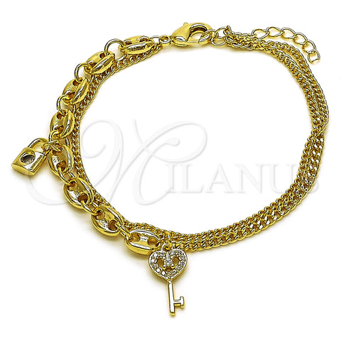 Oro Laminado Fancy Bracelet, Gold Filled Style Puff Mariner and Miami Cuban Design, with White Micro Pave and White Cubic Zirconia, Polished, Golden Finish, 03.213.0386.07