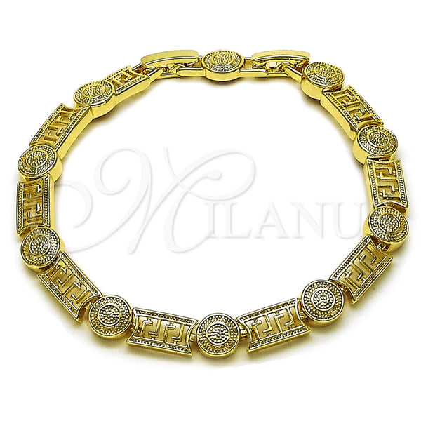 Oro Laminado Solid Bracelet, Gold Filled Style Greek Key Design, Polished, Golden Finish, 03.213.0390.07 (Thickness, 8 Inches Length)