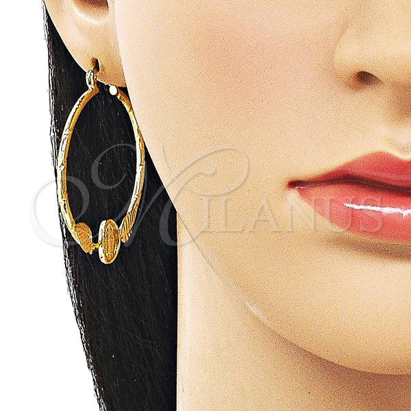 Gold Filled Hoop Earrings — Medium Hoop Guadalupe and Leaf Design Diamond Cutting — alternate product view — SKU 161752 | Oro Laminado aretes de aro — Medium Hoop Guadalupe and Leaf diseño Diamond Cutting — SKU 161752