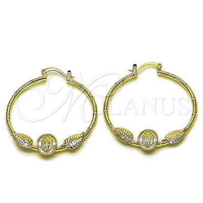 Gold Filled Hoop Earrings — Medium Hoop Guadalupe and Leaf Design Diamond Cutting for wholesale, main product view
