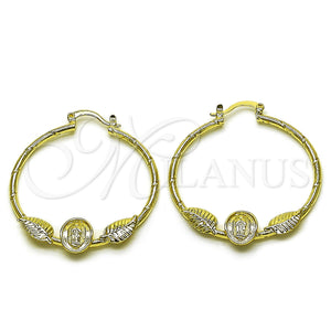 Gold Filled Hoop Earrings — Medium Hoop Guadalupe and Leaf Design Diamond Cutting — main product view — SKU 161752 | Oro Laminado aretes de aro — Medium Hoop Guadalupe and Leaf diseño Diamond Cutting — SKU 161752