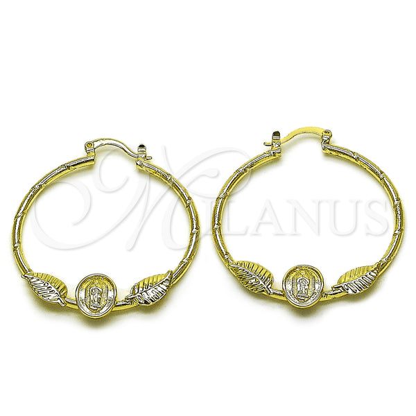 Gold Filled Hoop Earrings — Medium Hoop Guadalupe and Leaf Design Diamond Cutting — main product view — SKU 161752 | Oro Laminado aretes de aro — Medium Hoop Guadalupe and Leaf diseño Diamond Cutting — SKU 161752