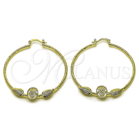 Oro Laminado Medium Hoop, Gold Filled Style Guadalupe and Leaf Design, Diamond Cutting Finish, Golden Finish, 02.213.0831.50
