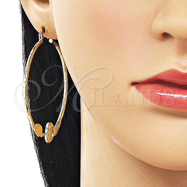 Gold Filled Hoop Earrings — Medium Hoop Guadalupe and Leaf Design Diamond Cutting — alternate product view — SKU 161753 | Oro Laminado aretes de aro — Medium Hoop Guadalupe and Leaf diseño Diamond Cutting — SKU 161753