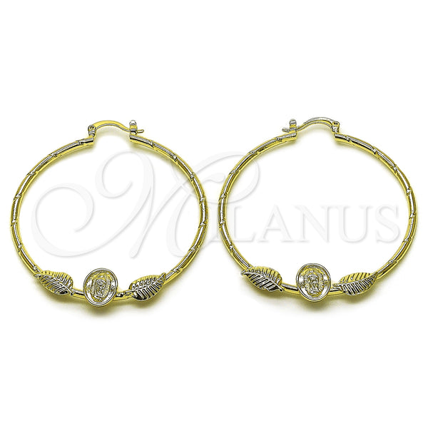 Gold Filled Hoop Earrings — Medium Hoop Guadalupe and Leaf Design Diamond Cutting — main product view — SKU 161753 | Oro Laminado aretes de aro — Medium Hoop Guadalupe and Leaf diseño Diamond Cutting — SKU 161753