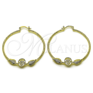 Gold Filled Hoop Earrings — Medium Hoop Guadalupe and Leaf Design Diamond Cutting — main product view — SKU 161753 | Oro Laminado aretes de aro — Medium Hoop Guadalupe and Leaf diseño Diamond Cutting — SKU 161753