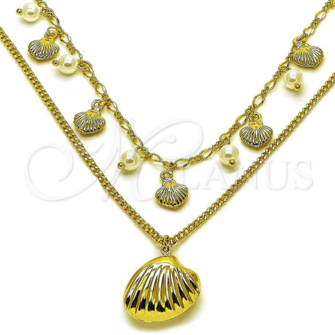 Oro Laminado Fancy Necklace, Gold Filled Style Shell and Miami Cuban Design, with Ivory Pearl, Polished, Golden Finish, 04.213.0358.16