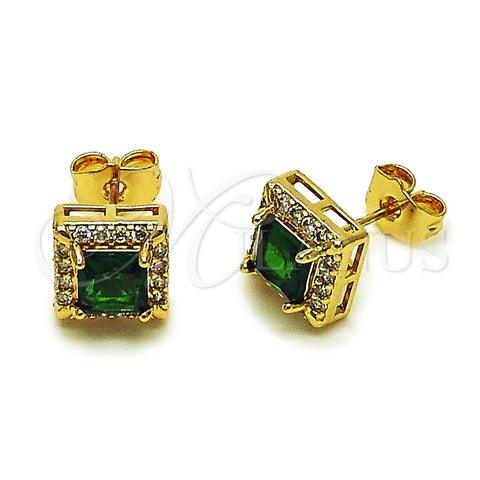 Oro Laminado Stud Earring, Gold Filled Style Cluster Design, with Green and White Cubic Zirconia, Polished, Golden Finish, 02.344.0167