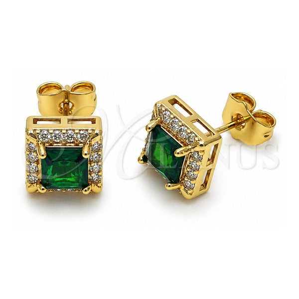 Oro Laminado Stud Earring, Gold Filled Style Cluster Design, with Green and White Cubic Zirconia, Polished, Golden Finish, 02.344.0167